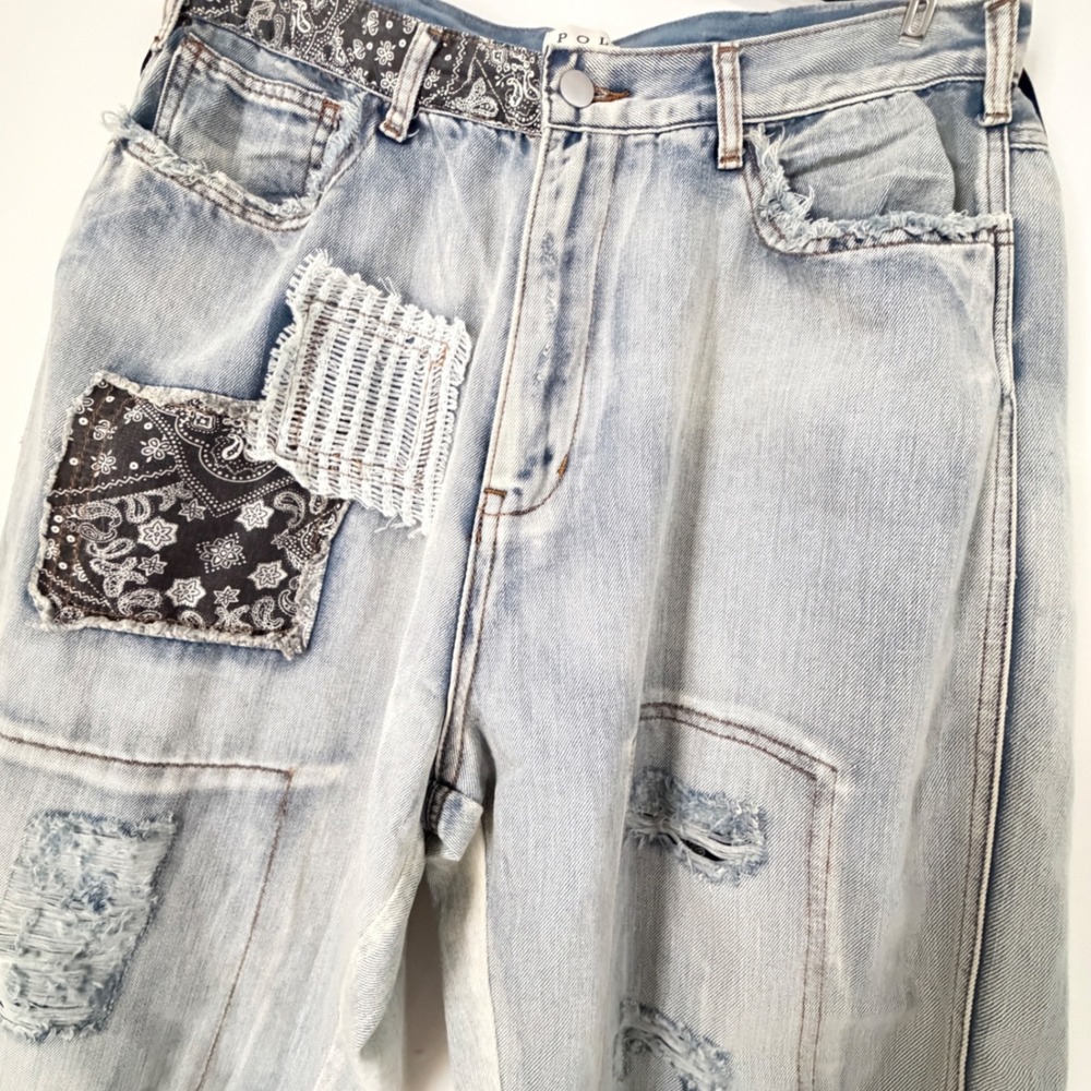POL Patchwork Distressed Light Wash Jeans FWP100 Paisley Plaid Boho L Hippy Raw